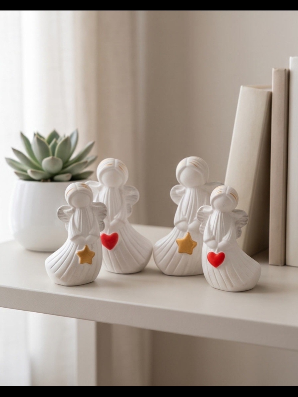 White Ceramic Angel Figurines with Red Heart and Gold Star - Set of 4